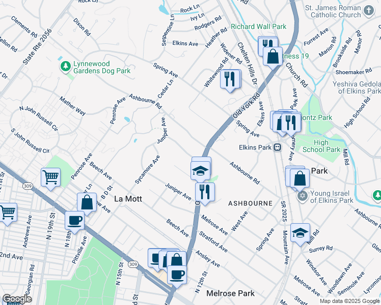 map of restaurants, bars, coffee shops, grocery stores, and more near 621 Stetson Road in Elkins Park