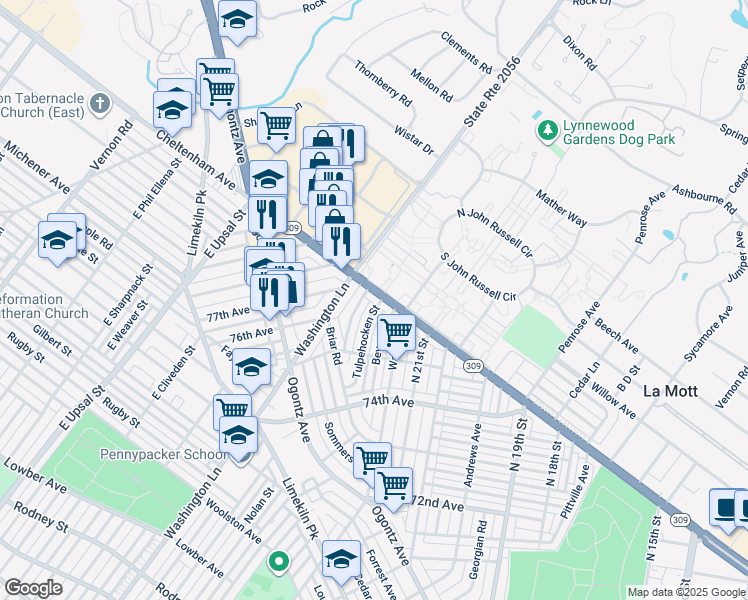 map of restaurants, bars, coffee shops, grocery stores, and more near 2204 West Cheltenham Avenue in Philadelphia