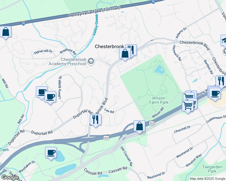 map of restaurants, bars, coffee shops, grocery stores, and more near 40 Flintlock Lane in Chesterbrook