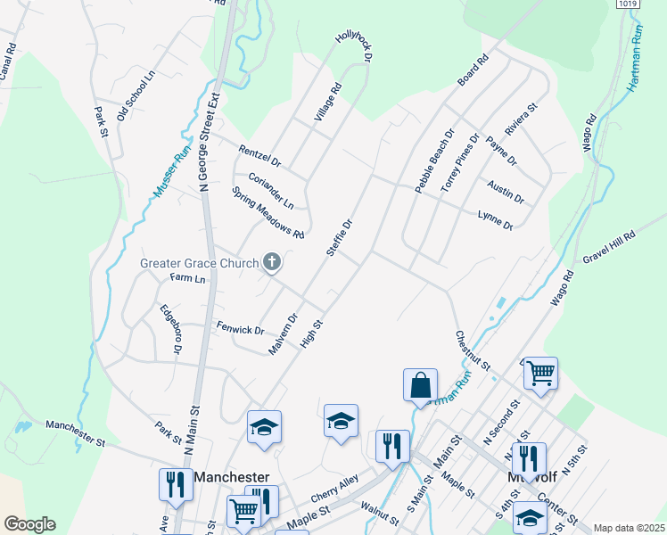 map of restaurants, bars, coffee shops, grocery stores, and more near 55 Steffie Drive in Mount Wolf