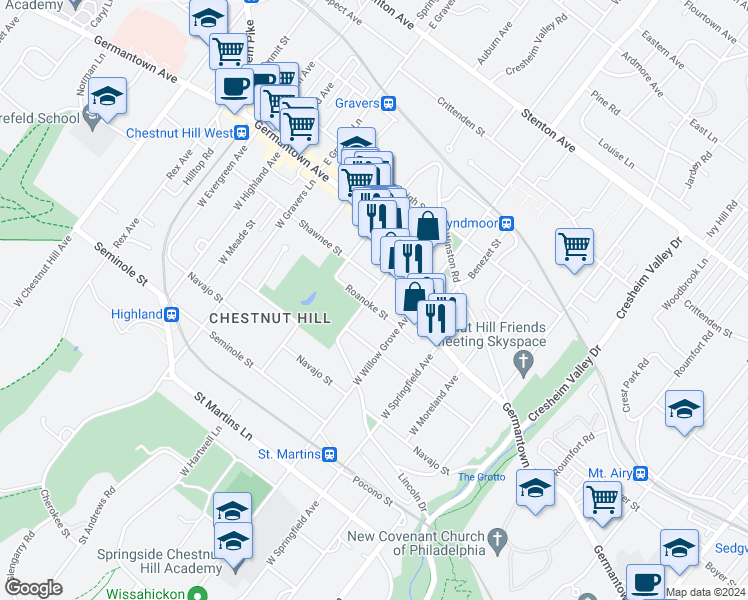 map of restaurants, bars, coffee shops, grocery stores, and more near 8039 Roanoke Street in Philadelphia
