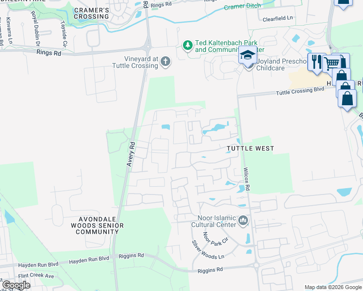 map of restaurants, bars, coffee shops, grocery stores, and more near 5822 Whitebark Pine Trail in Dublin