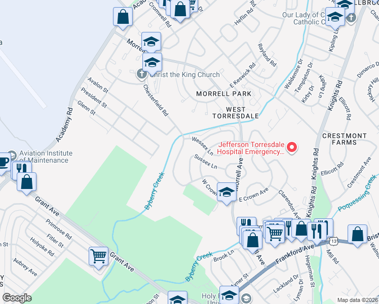 map of restaurants, bars, coffee shops, grocery stores, and more near 3615 Chesterfield Road in Philadelphia