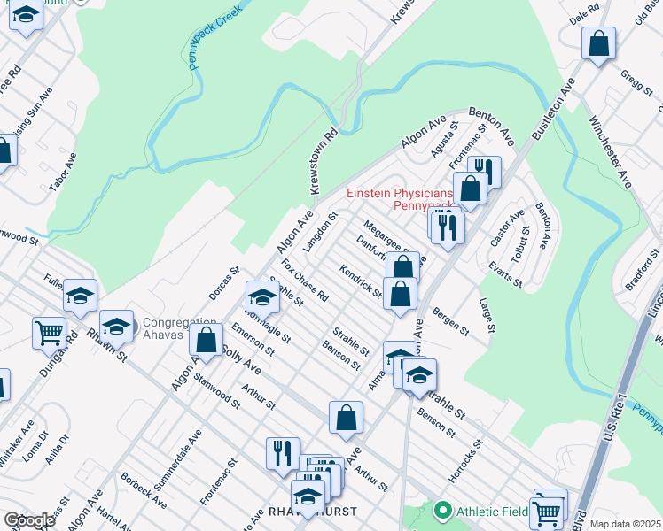 map of restaurants, bars, coffee shops, grocery stores, and more near 1702 Kendrick Street in Philadelphia