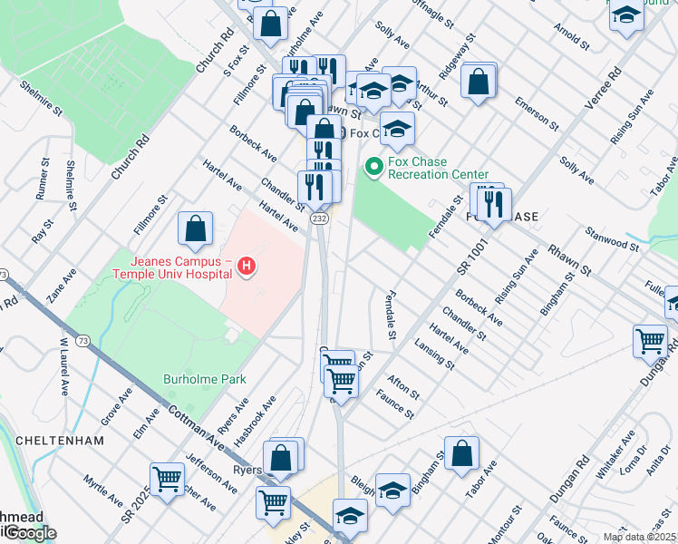 map of restaurants, bars, coffee shops, grocery stores, and more near 7751 Oxford Avenue in Philadelphia