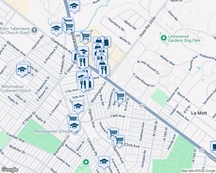 map of restaurants, bars, coffee shops, grocery stores, and more near 2232 Washington Lane in Philadelphia