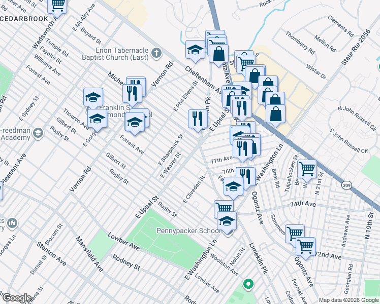 map of restaurants, bars, coffee shops, grocery stores, and more near 7701 Fayette Street in Philadelphia