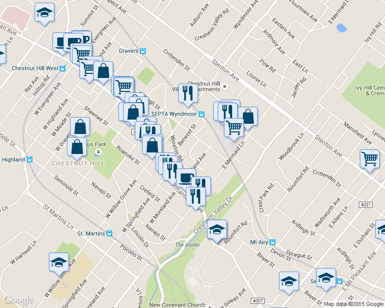 map of restaurants, bars, coffee shops, grocery stores, and more near 7848 Devon Street in Philadelphia