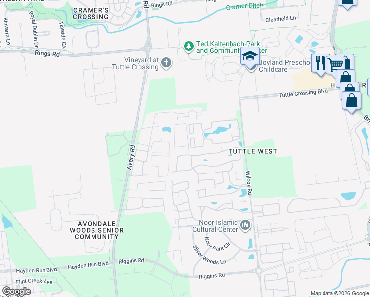 map of restaurants, bars, coffee shops, grocery stores, and more near 6201-6239 Wealthy Ln in Dublin