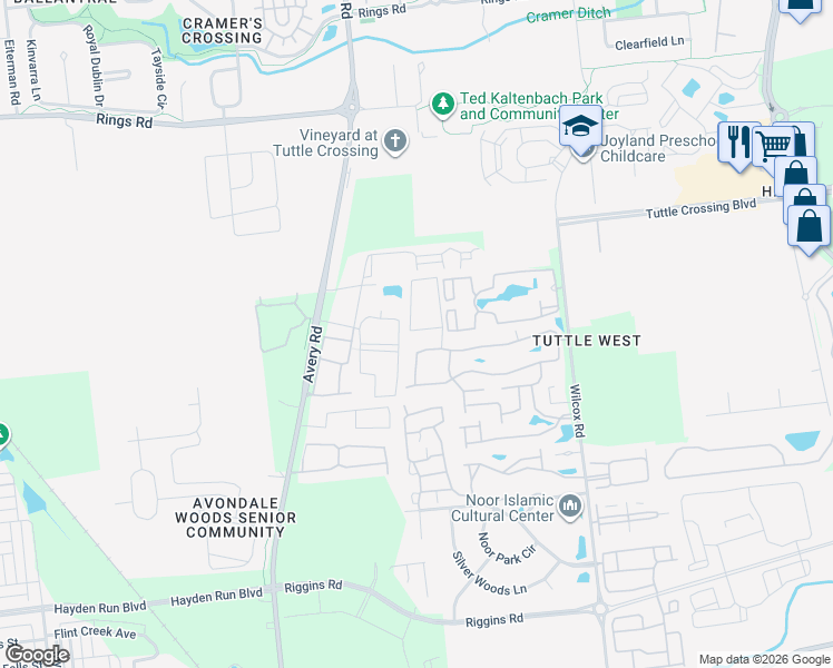 map of restaurants, bars, coffee shops, grocery stores, and more near 5822 Whitebark Pine Trail in Dublin