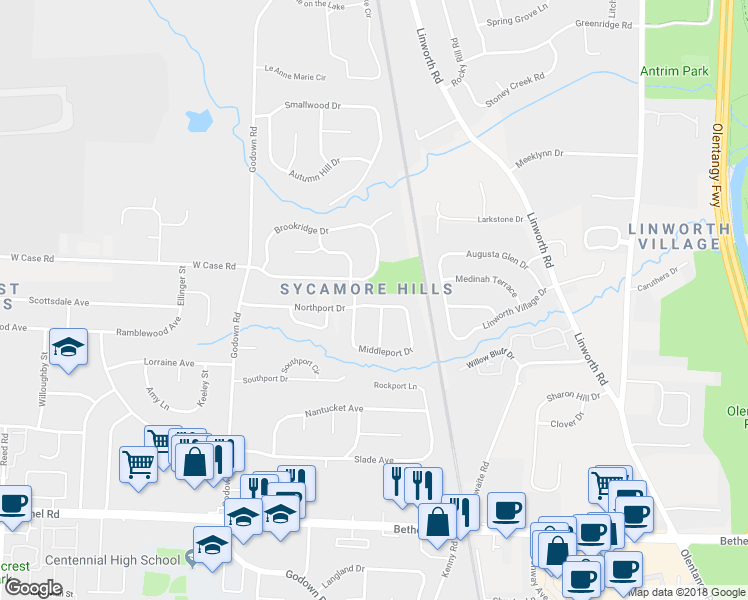 map of restaurants, bars, coffee shops, grocery stores, and more near 1176 Northport Drive in Columbus