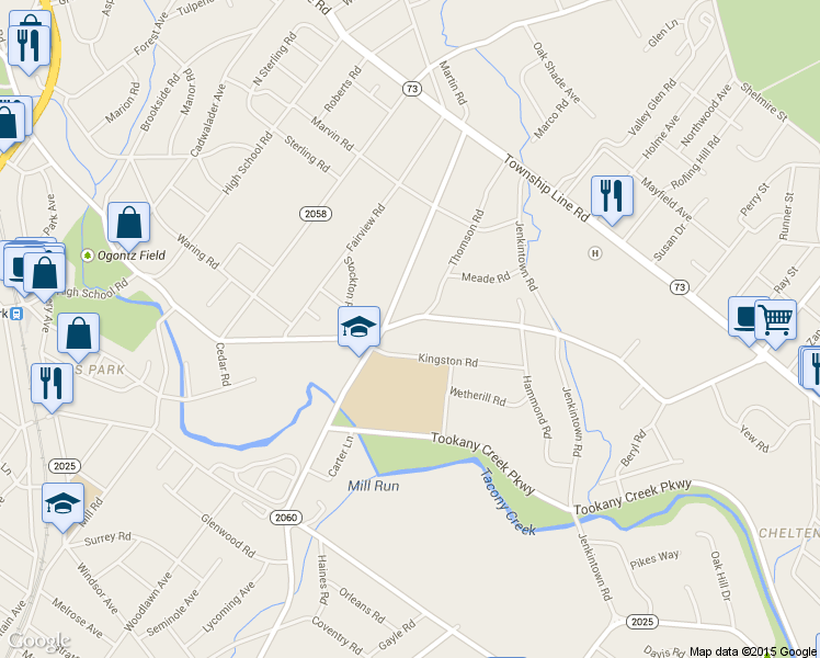 map of restaurants, bars, coffee shops, grocery stores, and more near 150 Church Rd in Elkins Park