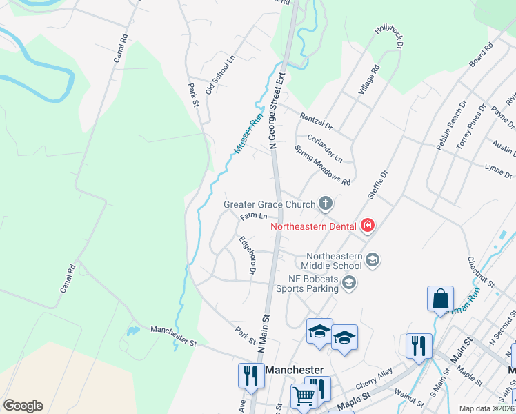 map of restaurants, bars, coffee shops, grocery stores, and more near 10 Farm Ln in Manchester