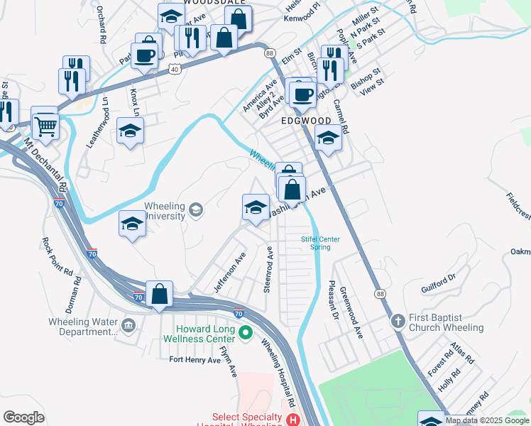 map of restaurants, bars, coffee shops, grocery stores, and more near 106 Washington Avenue in Wheeling