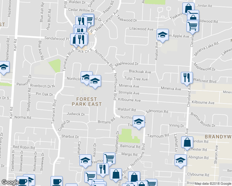 map of restaurants, bars, coffee shops, grocery stores, and more near 4998 Northtowne Boulevard in Columbus