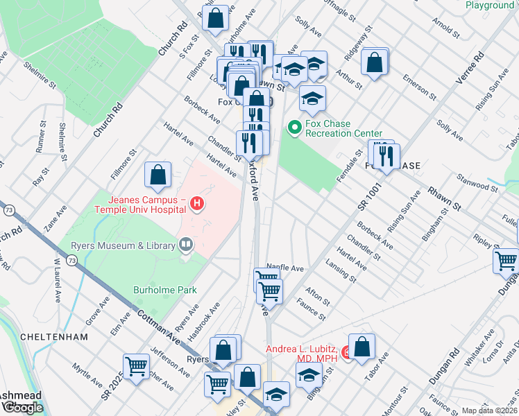 map of restaurants, bars, coffee shops, grocery stores, and more near 7751 Oxford Avenue in Philadelphia