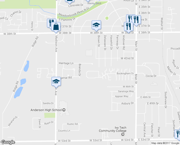 map of restaurants, bars, coffee shops, grocery stores, and more near 605 North Buckingham Court in Anderson