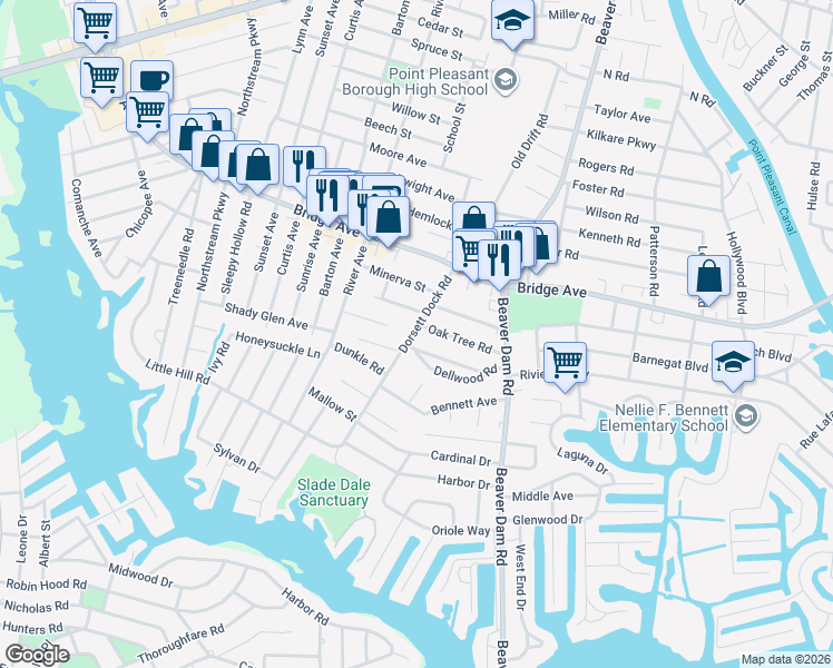map of restaurants, bars, coffee shops, grocery stores, and more near 1415 Dorsett Dock Road in Point Pleasant