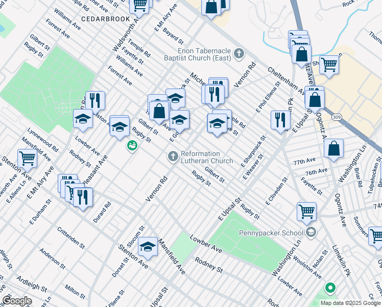 map of restaurants, bars, coffee shops, grocery stores, and more near 7965 Gilbert Street in Philadelphia
