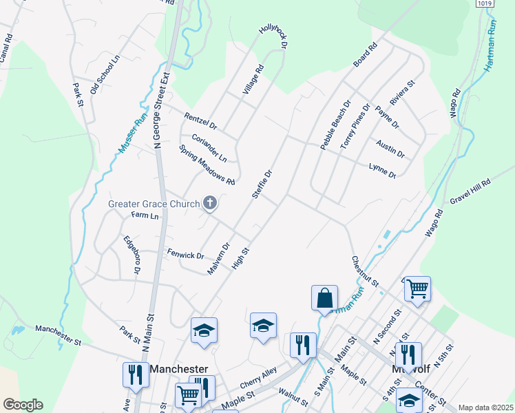 map of restaurants, bars, coffee shops, grocery stores, and more near 55 Steffie Drive in Mount Wolf