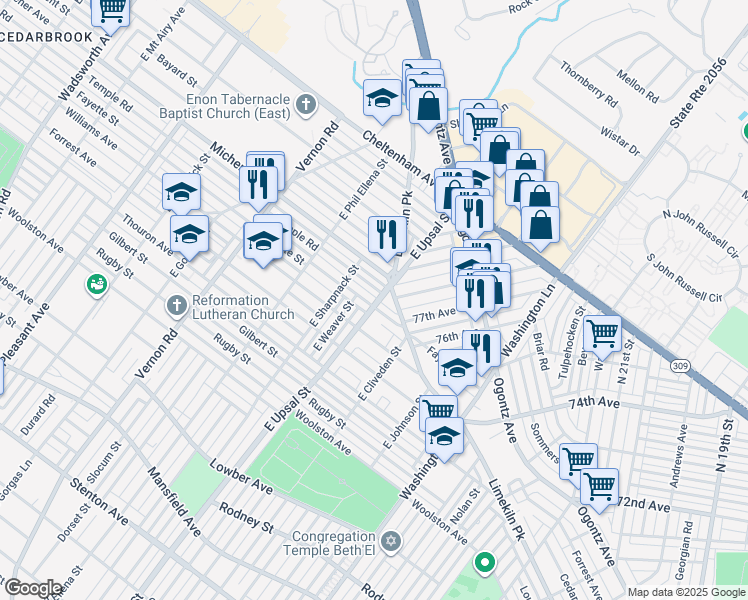 map of restaurants, bars, coffee shops, grocery stores, and more near 7701 Fayette Street in Philadelphia