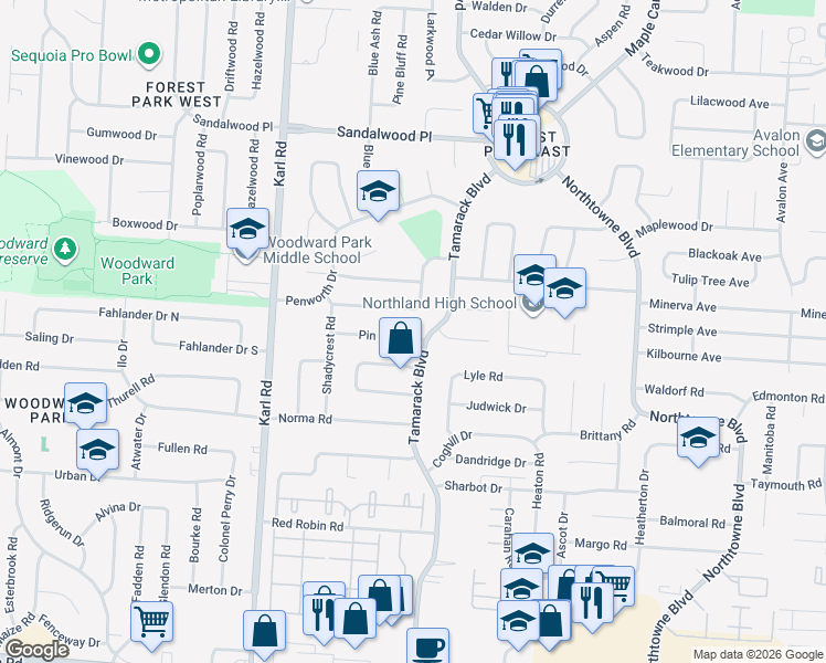 map of restaurants, bars, coffee shops, grocery stores, and more near 1766 Pin Oak Drive in Columbus