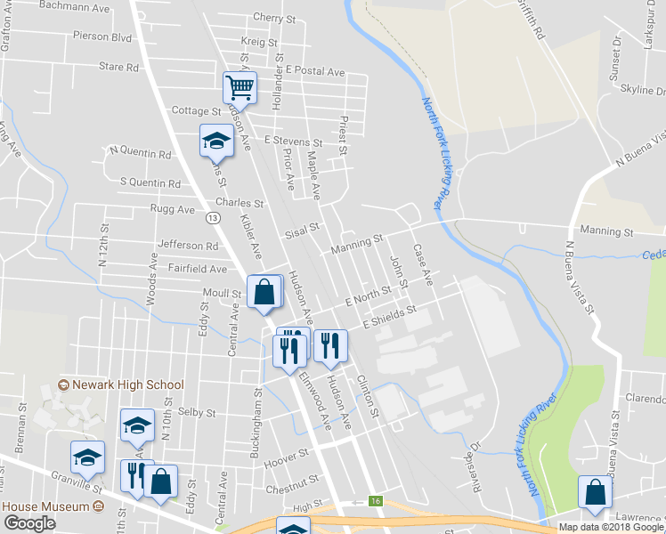 map of restaurants, bars, coffee shops, grocery stores, and more near 451 Maple Avenue in Newark
