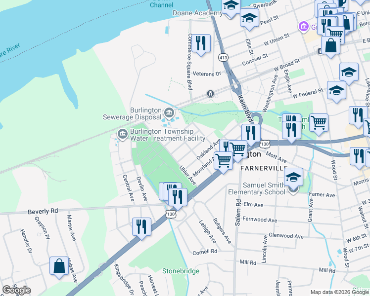 map of restaurants, bars, coffee shops, grocery stores, and more near 506 Madison Avenue in Burlington