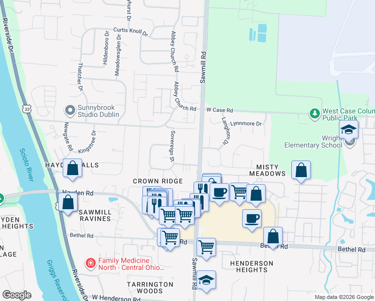 map of restaurants, bars, coffee shops, grocery stores, and more near 5700 Crown Crest Lane in Columbus