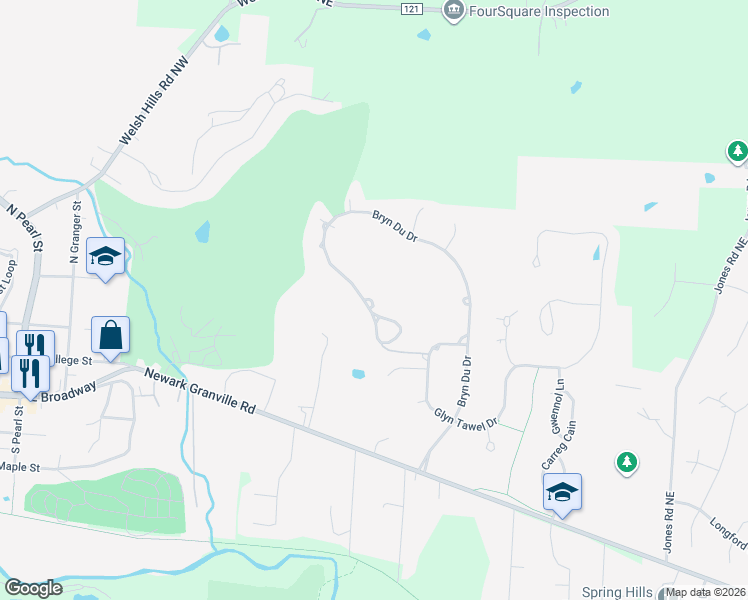 map of restaurants, bars, coffee shops, grocery stores, and more near 385 Bryn Du Drive in Granville