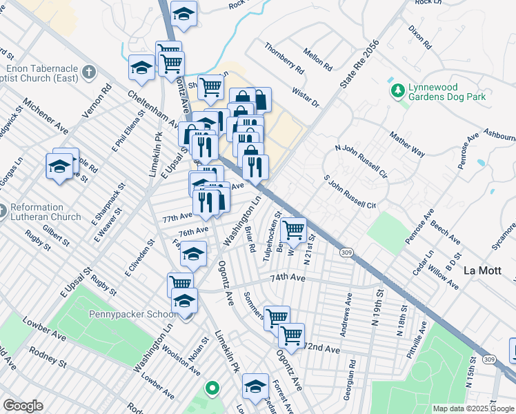 map of restaurants, bars, coffee shops, grocery stores, and more near 2232 Washington Lane in Philadelphia