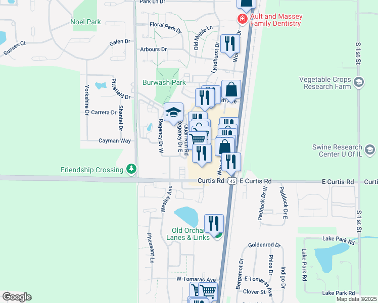 map of restaurants, bars, coffee shops, grocery stores, and more near 1316 Quail Run Drive in Savoy