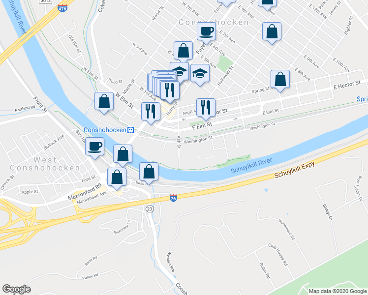 map of restaurants, bars, coffee shops, grocery stores, and more near 20 Ash Street in Conshohocken