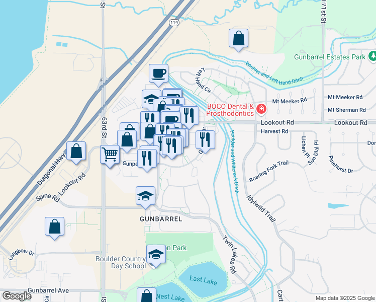 map of restaurants, bars, coffee shops, grocery stores, and more near 6590 Finley Place in Boulder