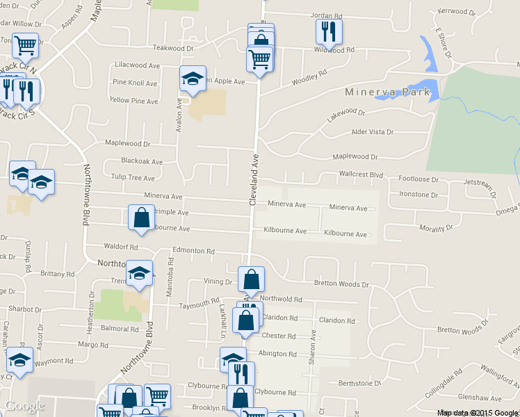 map of restaurants, bars, coffee shops, grocery stores, and more near 4970 Cleveland Ave in Columbus