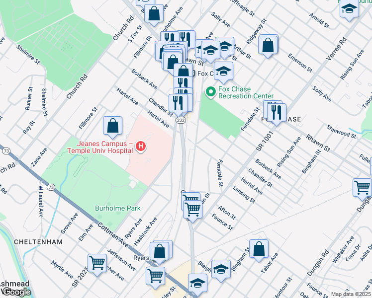 map of restaurants, bars, coffee shops, grocery stores, and more near 7751 Oxford Avenue in Philadelphia