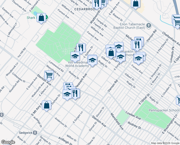 map of restaurants, bars, coffee shops, grocery stores, and more near 8130 Woolston Avenue in Philadelphia
