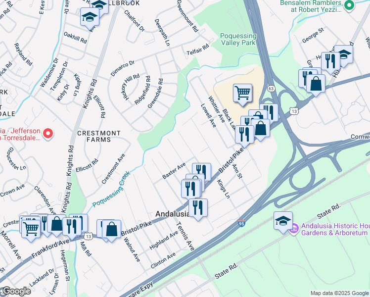 map of restaurants, bars, coffee shops, grocery stores, and more near 1128 Poquessing Avenue in Bensalem