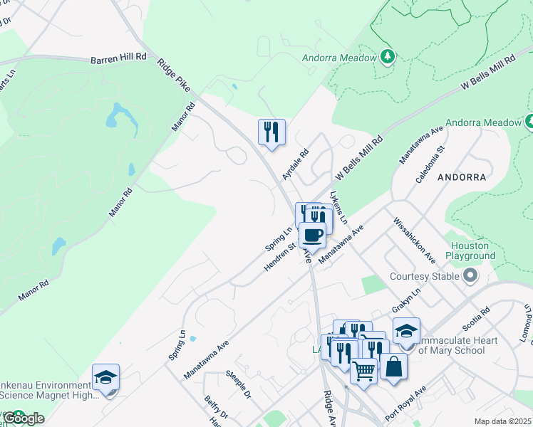 map of restaurants, bars, coffee shops, grocery stores, and more near 9006 Ayrdale Crescent in Philadelphia