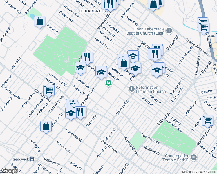 map of restaurants, bars, coffee shops, grocery stores, and more near 1199 East Sedgwick Street in Philadelphia