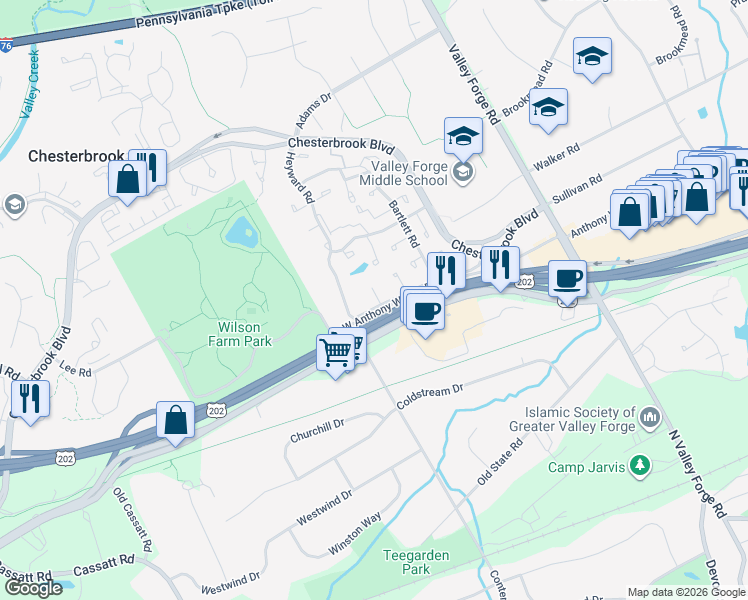 map of restaurants, bars, coffee shops, grocery stores, and more near 82 Le Forge Court in Chesterbrook