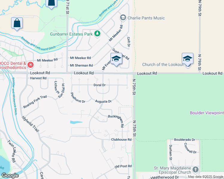 map of restaurants, bars, coffee shops, grocery stores, and more near 7348 Island Green Drive in Boulder