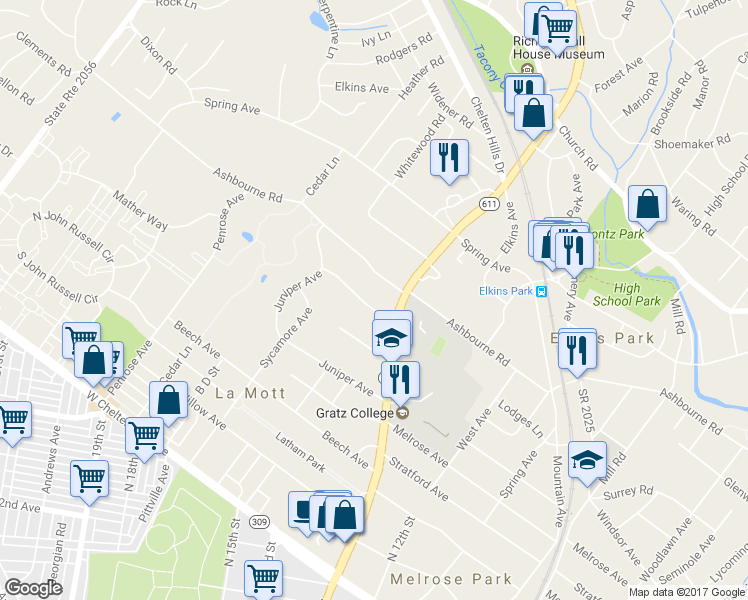 map of restaurants, bars, coffee shops, grocery stores, and more near 621 Stetson Rd in Elkins Park