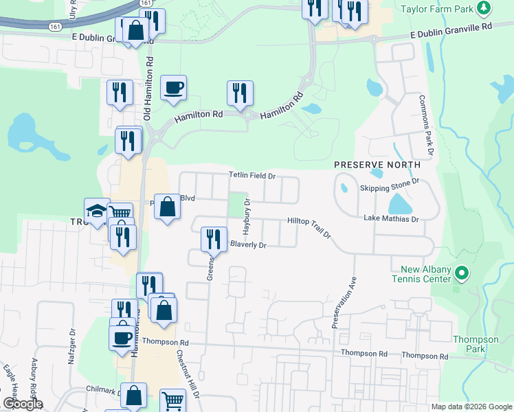map of restaurants, bars, coffee shops, grocery stores, and more near 6097 Preve Ridge Drive in New Albany