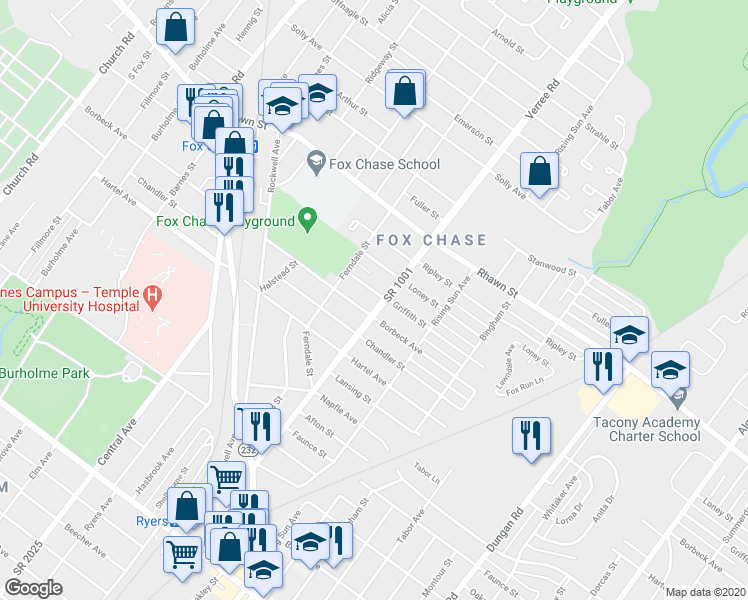 map of restaurants, bars, coffee shops, grocery stores, and more near 7908 Verree Road in Philadelphia