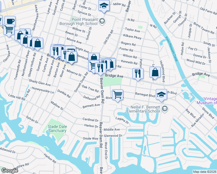 map of restaurants, bars, coffee shops, grocery stores, and more near 1403 Susan Lane in Point Pleasant
