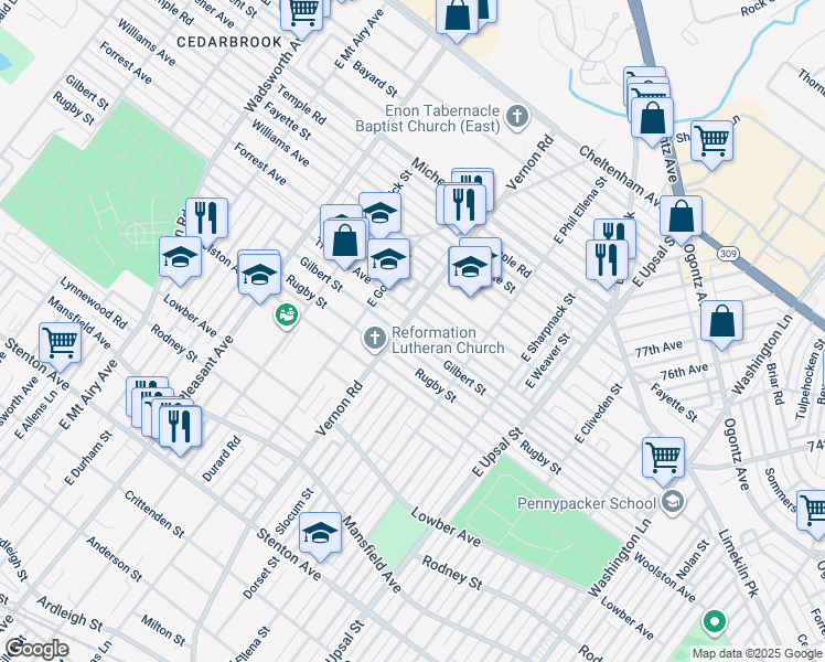 map of restaurants, bars, coffee shops, grocery stores, and more near 7967 Gilbert Street in Philadelphia