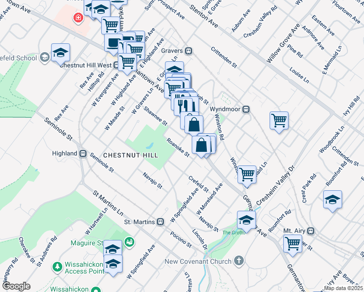 map of restaurants, bars, coffee shops, grocery stores, and more near 8039 Roanoke Street in Philadelphia