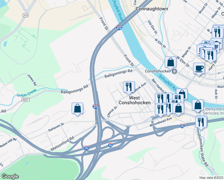 map of restaurants, bars, coffee shops, grocery stores, and more near 524 Stead Street in Conshohocken