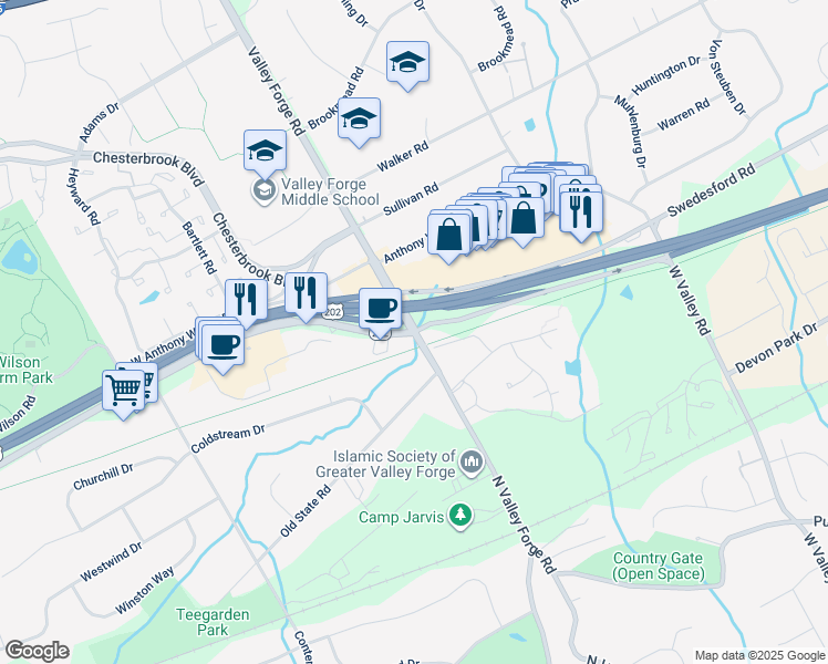 map of restaurants, bars, coffee shops, grocery stores, and more near 145 East Swedesford Road in Wayne